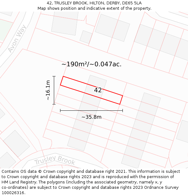 42, TRUSLEY BROOK, HILTON, DERBY, DE65 5LA: Plot and title map