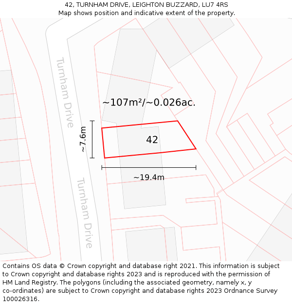 42, TURNHAM DRIVE, LEIGHTON BUZZARD, LU7 4RS: Plot and title map