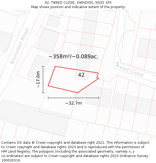 42, TWEED CLOSE, SWINDON, SN25 1PX: Plot and title map
