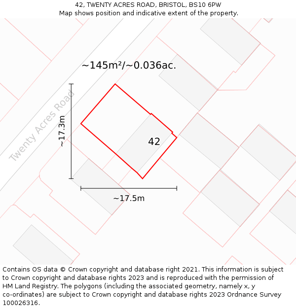 42, TWENTY ACRES ROAD, BRISTOL, BS10 6PW: Plot and title map