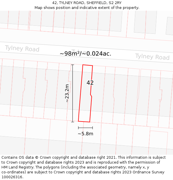 42, TYLNEY ROAD, SHEFFIELD, S2 2RY: Plot and title map