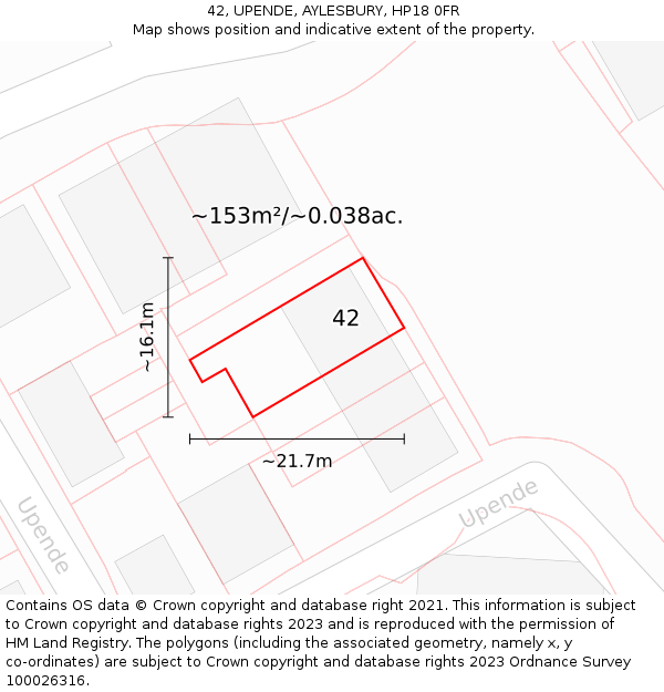 42, UPENDE, AYLESBURY, HP18 0FR: Plot and title map