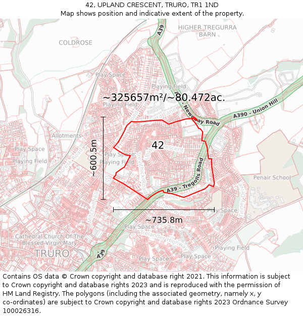 42, UPLAND CRESCENT, TRURO, TR1 1ND: Plot and title map