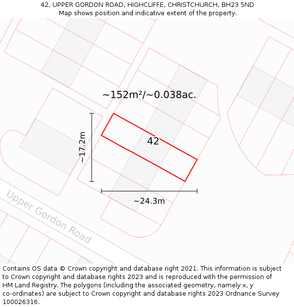 42, UPPER GORDON ROAD, HIGHCLIFFE, CHRISTCHURCH, BH23 5ND: Plot and title map