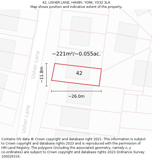 42, USHER LANE, HAXBY, YORK, YO32 3LA: Plot and title map