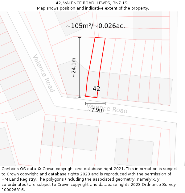 42, VALENCE ROAD, LEWES, BN7 1SL: Plot and title map