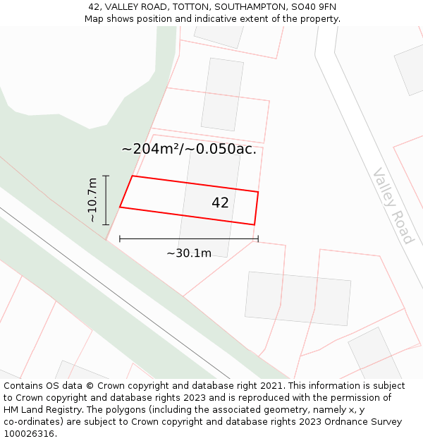 42, VALLEY ROAD, TOTTON, SOUTHAMPTON, SO40 9FN: Plot and title map