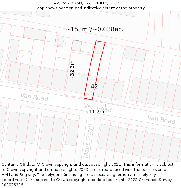 42, VAN ROAD, CAERPHILLY, CF83 1LB: Plot and title map