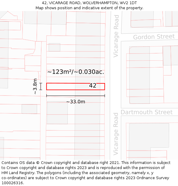 42, VICARAGE ROAD, WOLVERHAMPTON, WV2 1DT: Plot and title map