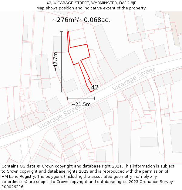 42, VICARAGE STREET, WARMINSTER, BA12 8JF: Plot and title map
