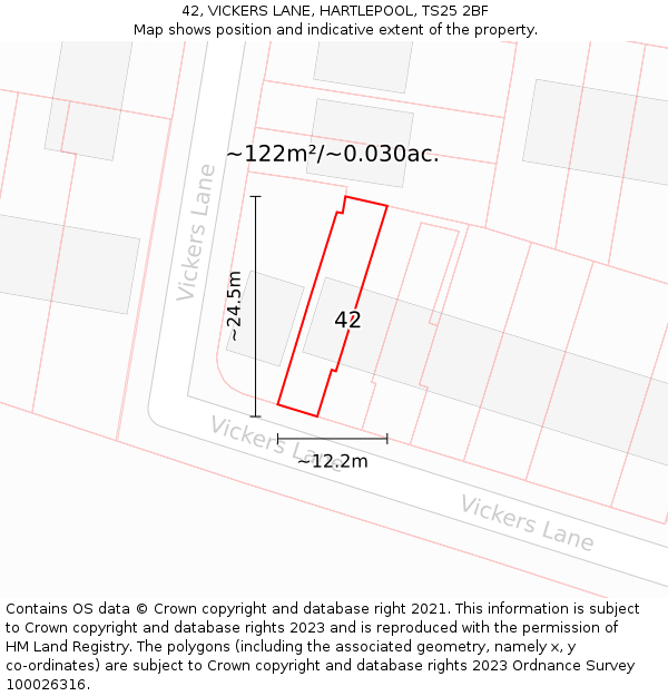 42, VICKERS LANE, HARTLEPOOL, TS25 2BF: Plot and title map