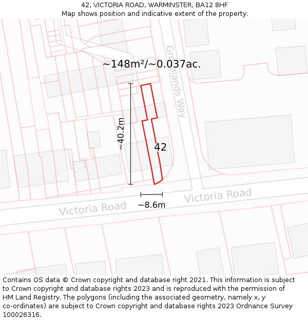 42, VICTORIA ROAD, WARMINSTER, BA12 8HF: Plot and title map