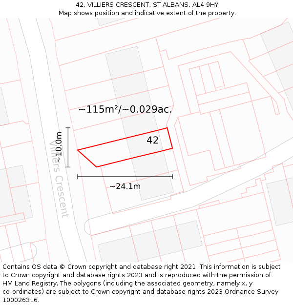 42, VILLIERS CRESCENT, ST ALBANS, AL4 9HY: Plot and title map