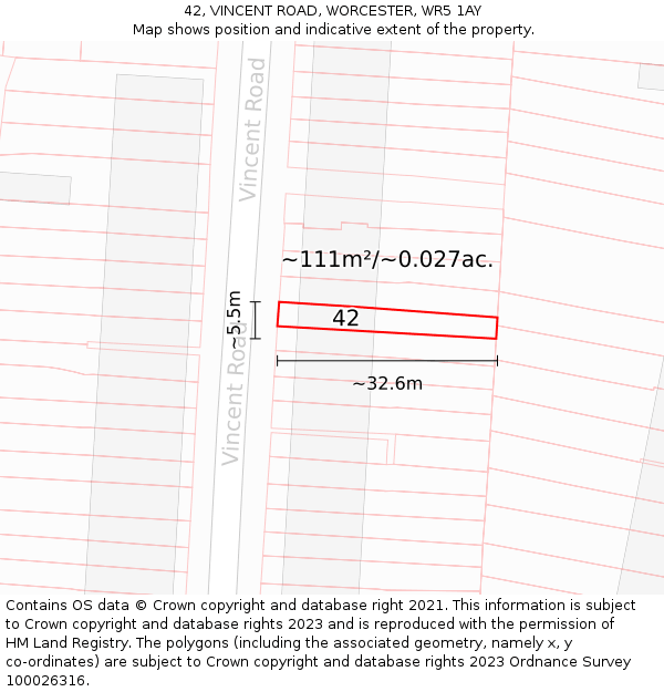 42, VINCENT ROAD, WORCESTER, WR5 1AY: Plot and title map