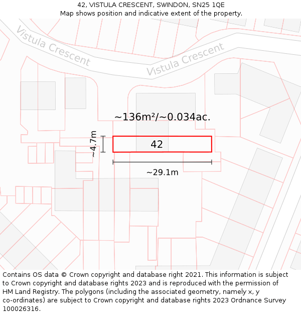 42, VISTULA CRESCENT, SWINDON, SN25 1QE: Plot and title map