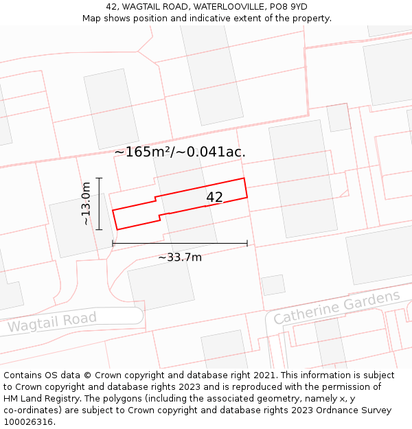42, WAGTAIL ROAD, WATERLOOVILLE, PO8 9YD: Plot and title map