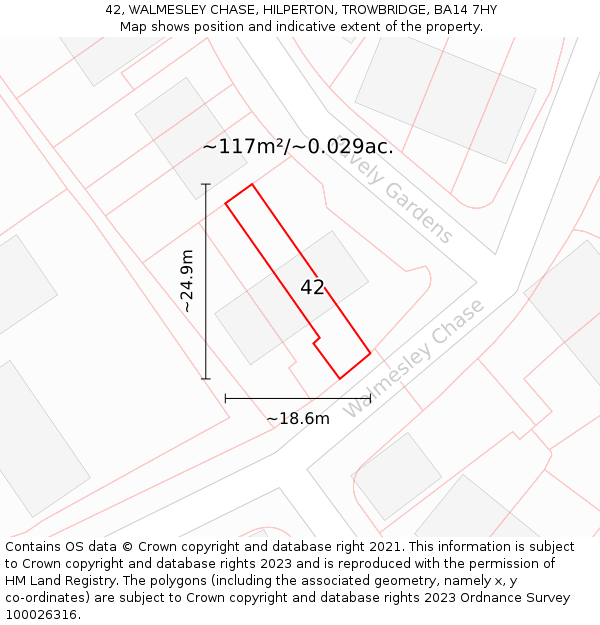 42, WALMESLEY CHASE, HILPERTON, TROWBRIDGE, BA14 7HY: Plot and title map