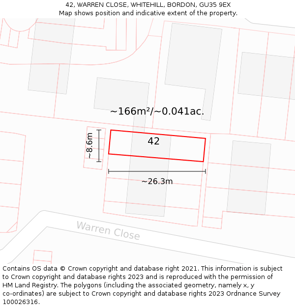 42, WARREN CLOSE, WHITEHILL, BORDON, GU35 9EX: Plot and title map