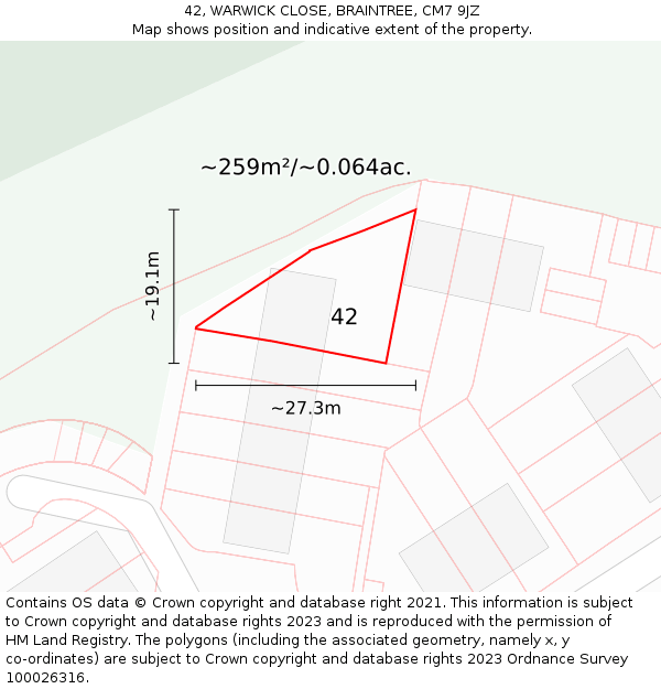 42, WARWICK CLOSE, BRAINTREE, CM7 9JZ: Plot and title map