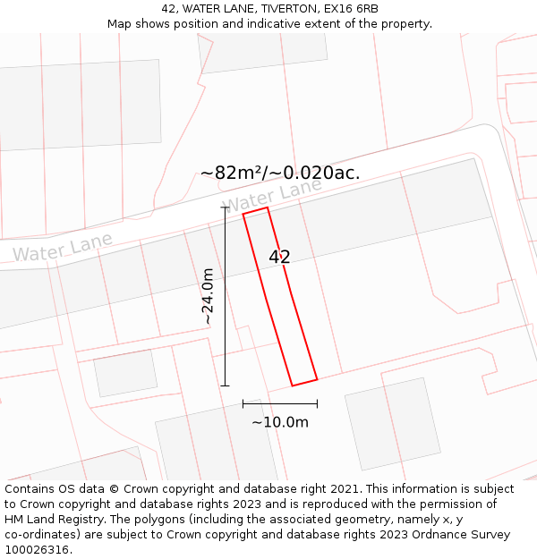 42, WATER LANE, TIVERTON, EX16 6RB: Plot and title map