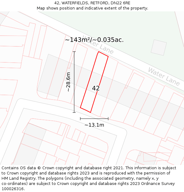 42, WATERFIELDS, RETFORD, DN22 6RE: Plot and title map