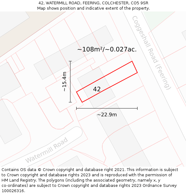 42, WATERMILL ROAD, FEERING, COLCHESTER, CO5 9SR: Plot and title map