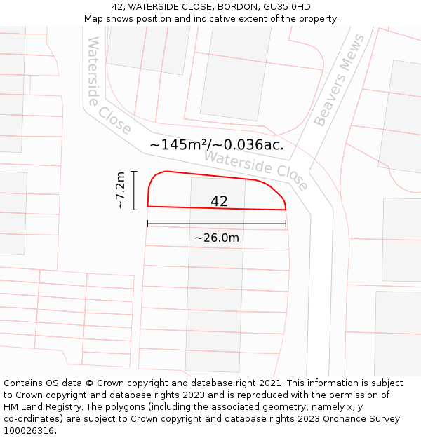 42, WATERSIDE CLOSE, BORDON, GU35 0HD: Plot and title map