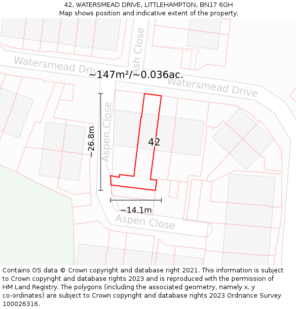42, WATERSMEAD DRIVE, LITTLEHAMPTON, BN17 6GH: Plot and title map