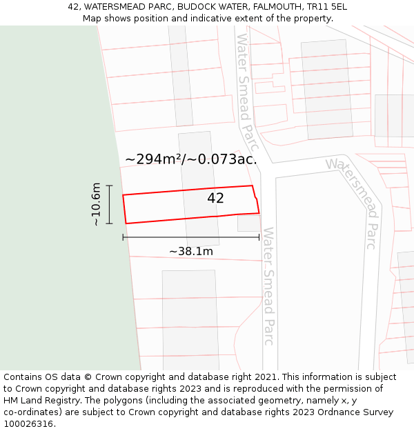 42, WATERSMEAD PARC, BUDOCK WATER, FALMOUTH, TR11 5EL: Plot and title map