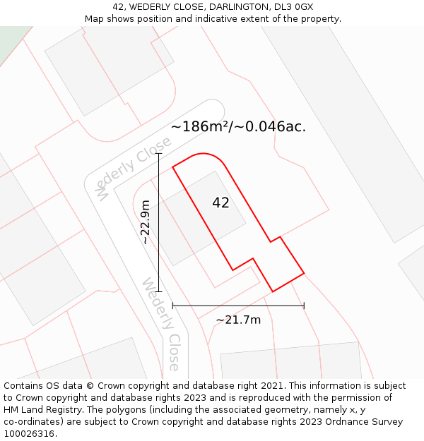 42, WEDERLY CLOSE, DARLINGTON, DL3 0GX: Plot and title map
