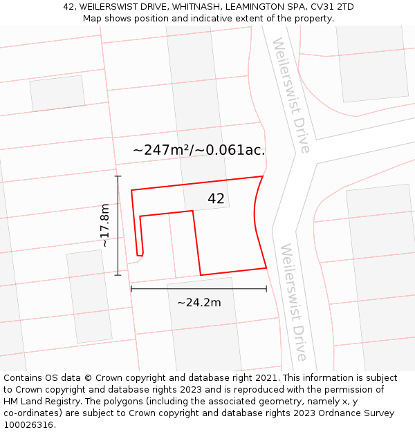 42, WEILERSWIST DRIVE, WHITNASH, LEAMINGTON SPA, CV31 2TD: Plot and title map