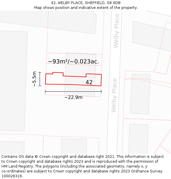 42, WELBY PLACE, SHEFFIELD, S8 9DB: Plot and title map