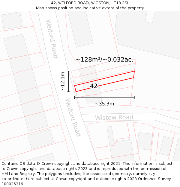 42, WELFORD ROAD, WIGSTON, LE18 3SL: Plot and title map
