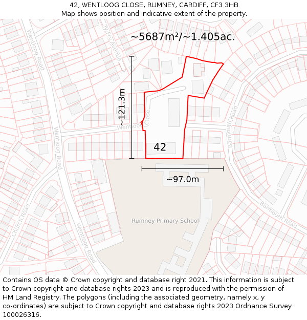 42, WENTLOOG CLOSE, RUMNEY, CARDIFF, CF3 3HB: Plot and title map