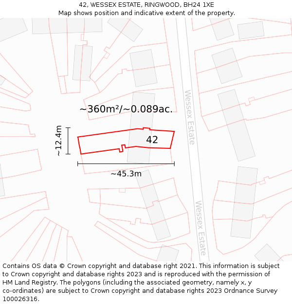 42, WESSEX ESTATE, RINGWOOD, BH24 1XE: Plot and title map