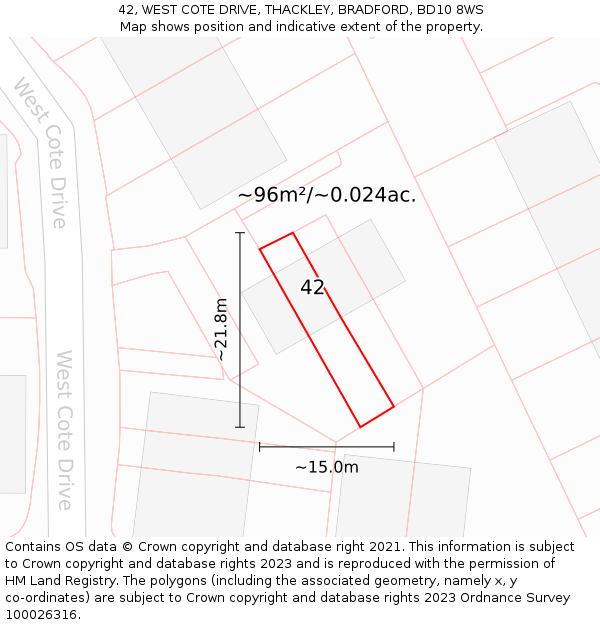 42, WEST COTE DRIVE, THACKLEY, BRADFORD, BD10 8WS: Plot and title map