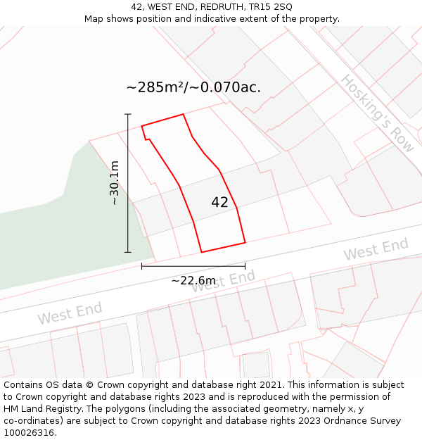 42, WEST END, REDRUTH, TR15 2SQ: Plot and title map