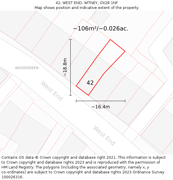 42, WEST END, WITNEY, OX28 1NF: Plot and title map