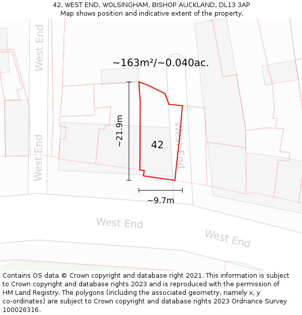 42, WEST END, WOLSINGHAM, BISHOP AUCKLAND, DL13 3AP: Plot and title map