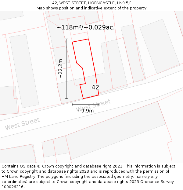42, WEST STREET, HORNCASTLE, LN9 5JF: Plot and title map