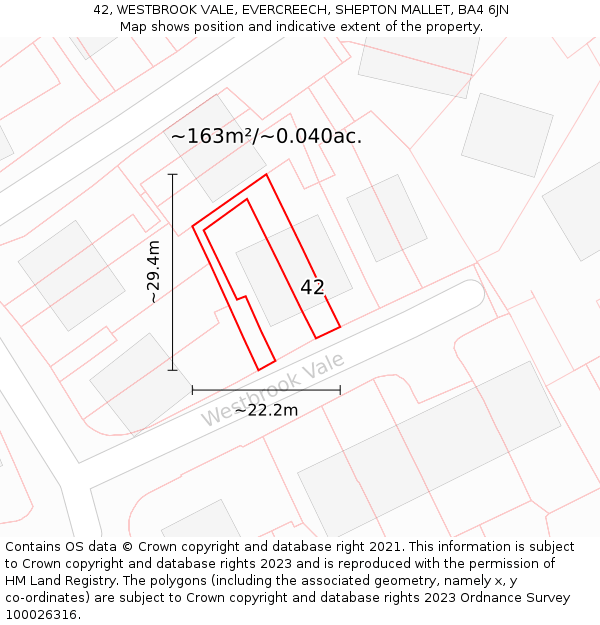 42, WESTBROOK VALE, EVERCREECH, SHEPTON MALLET, BA4 6JN: Plot and title map