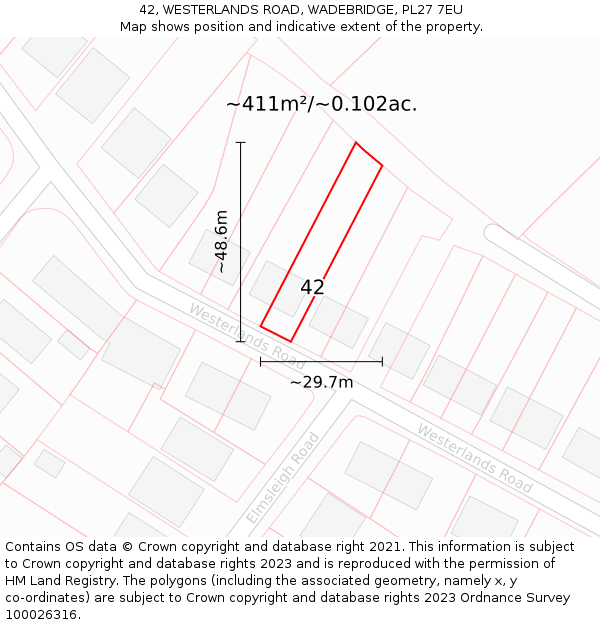 42, WESTERLANDS ROAD, WADEBRIDGE, PL27 7EU: Plot and title map