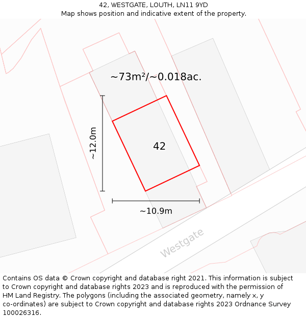 42, WESTGATE, LOUTH, LN11 9YD: Plot and title map