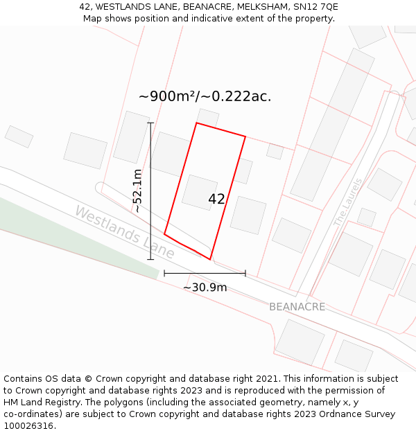 42, WESTLANDS LANE, BEANACRE, MELKSHAM, SN12 7QE: Plot and title map