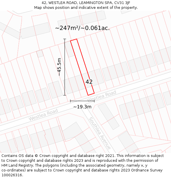 42, WESTLEA ROAD, LEAMINGTON SPA, CV31 3JF: Plot and title map