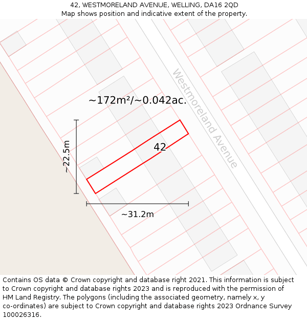 42, WESTMORELAND AVENUE, WELLING, DA16 2QD: Plot and title map