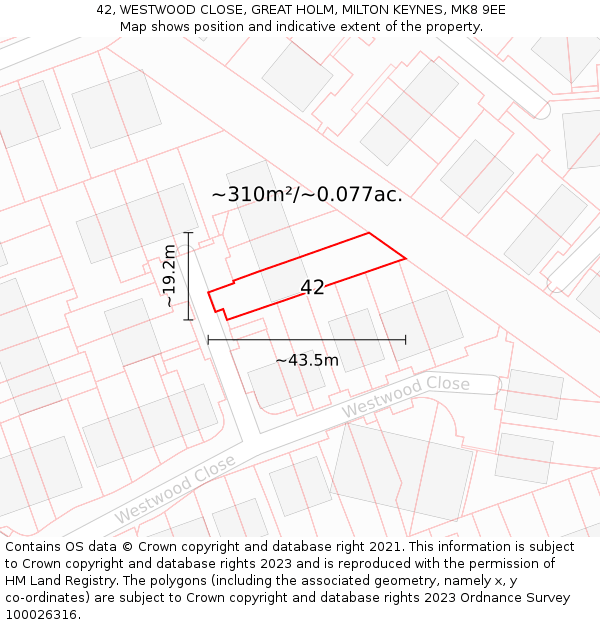 42, WESTWOOD CLOSE, GREAT HOLM, MILTON KEYNES, MK8 9EE: Plot and title map