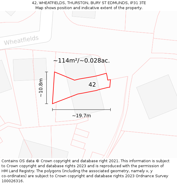 42, WHEATFIELDS, THURSTON, BURY ST EDMUNDS, IP31 3TE: Plot and title map
