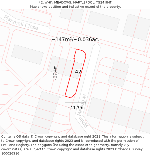 42, WHIN MEADOWS, HARTLEPOOL, TS24 9NT: Plot and title map