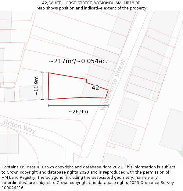 42, WHITE HORSE STREET, WYMONDHAM, NR18 0BJ: Plot and title map